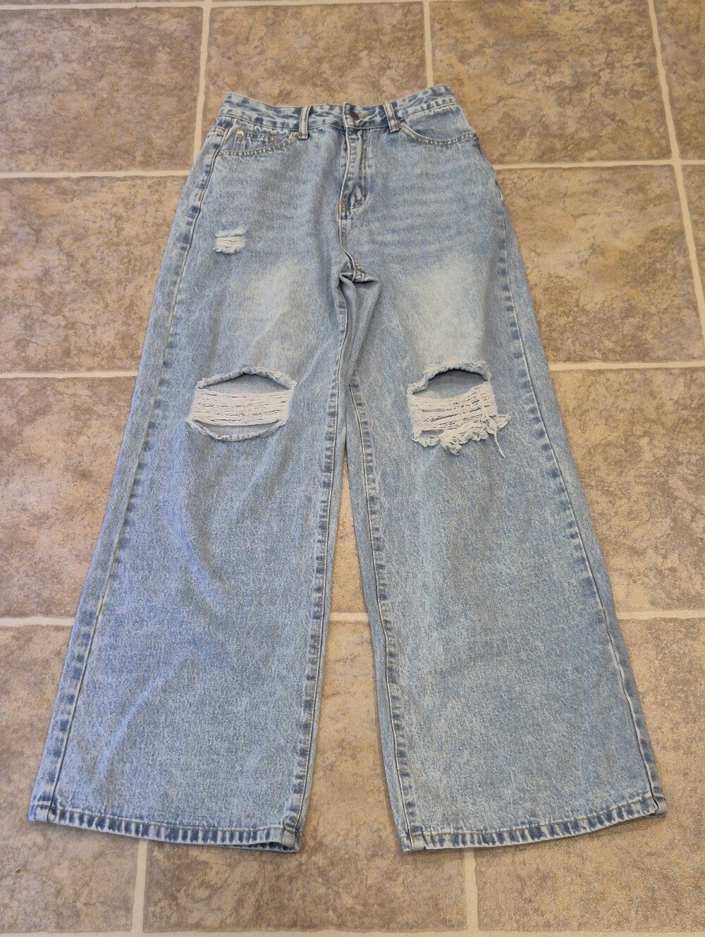 Shein High-Rise Light Blue Distressed Wide-Leg Jeans Womens Sizw 2